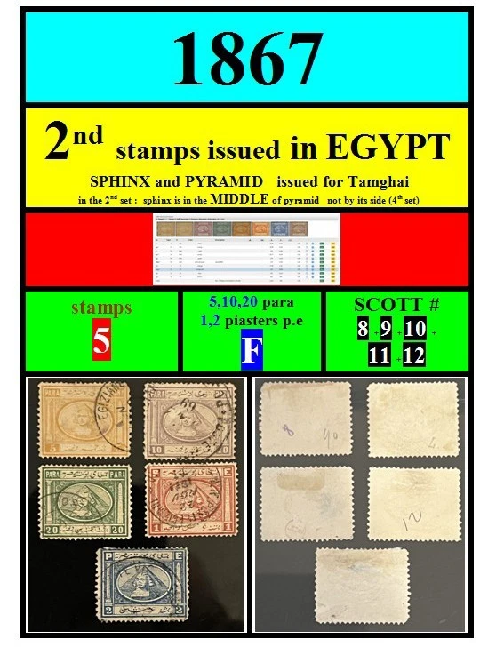 埃及邮票-1867-批量F-第二套埃及发行-5邮票-SCOTT 8至12 — 第 1/4 张图片