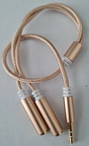 Slim 3.5mm Gold Stereo Male Jack Plug to 2 Female Sockets Headphone Splitter - Picture 1 of 3