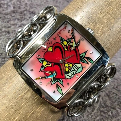 Ed Hardy Women LY-HT4612 Lynx Heart Silver Chain Tone Quartz 46mm Watch 6 3/4" - Image 1 of 4