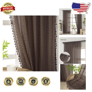 Chic 84-Inch Semi-Sheer Crochet Lace Curtains - Brown Panels for Cozy Interiors - Picture 1 of 9