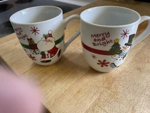 2 tazas de té de café alegres y brillantes FITZ & FLOYD FF muñeco de nieve Santa Navidad - Imagen 1 de 6