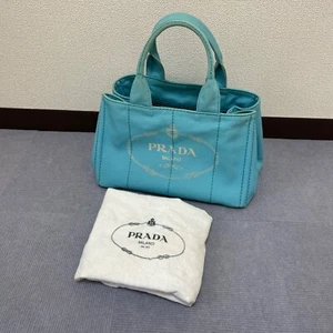 Prada Canapa Tote Bag with Triangle Plate, Light Blue, Canvas, Comes with Dust B - Picture 1 of 17