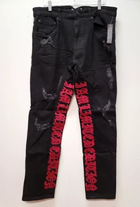 NEW TAKER PREMIUM 38X32 Slim Fit Stretch Ripped Distressed Red Embroidery Jean - Picture 1 of 9