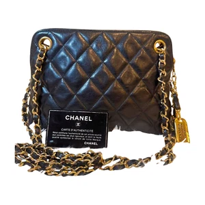 Vintage CHANEL Matelasse Chain Shoulder Bag Black Lambskin Leather Gold HW Auth - Picture 1 of 13