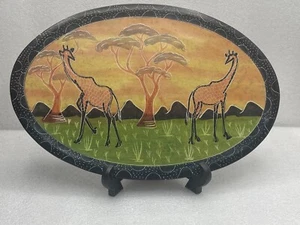 "Plato de piedra ovalado de 12"" Kisii dos jirafas en África liso hecho en Kenia" - Imagen 1 de 7