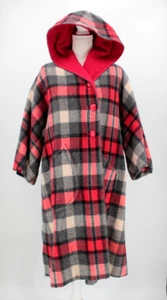 VTG Women's 60s Red & Gray Hooded Checkered Swing Coat 1960s Sz M/L 3/4 Sleeves - Picture 1 of 12