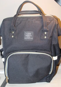 LAND MOMMY BABY DIAPER BAG BACKPACK CANVAS BLACK ZIP POCKETS TRAVEL CHIC - Picture 1 of 3