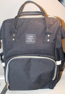 LAND MOMMY BABY DIAPER BAG BACKPACK CANVAS BLACK ZIP POCKETS TRAVEL CHIC - Image 1 of 3