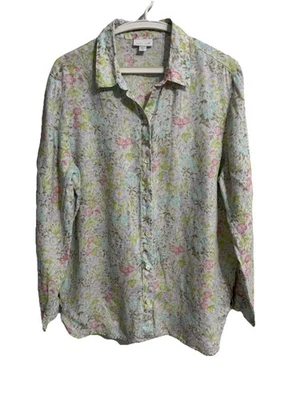 J. Jill Love 亚麻 M 码 Missy 绿色花卉印花纽扣衬衫女式亚麻 — 第 1/4 张图片