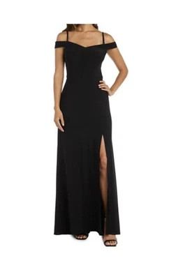 Nightway Gown Women’s Size 4 Black Sateen Cold-Shoulder Deep Slit Floor Length - Image 1 of 4