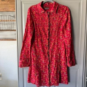 Free People Y2K Prairie Floral Pintuck Button Front LS Mini Shirt Dress,Red,6 - Picture 1 of 16