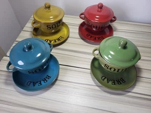 4 x Vintage Rustic Soup Bowls With Lids And Bread Plates - Yellow Blue Red Green - Picture 1 of 19