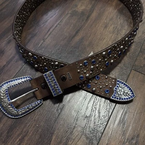 NEW Ariat Western Size 34 Brown Leather Blue Rhinestone Silver Studs Belt Rodeo - Picture 1 of 8