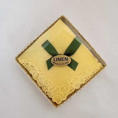 Pañuelo amarillo pequeño de lino irlandés vintage hecho en Irlanda nuevo caja original Foto 1 de 3
