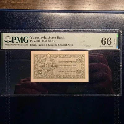 YU 5 LIRE 1945 PMG 66 EPQ UNC - Image 1 of 2