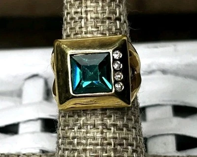 Anillo vintage de oro amarillo de 18 quilates HGF piedras preciosas verdes con circonita cúbica 4 diamantes marcados CCI Foto 1 de 4