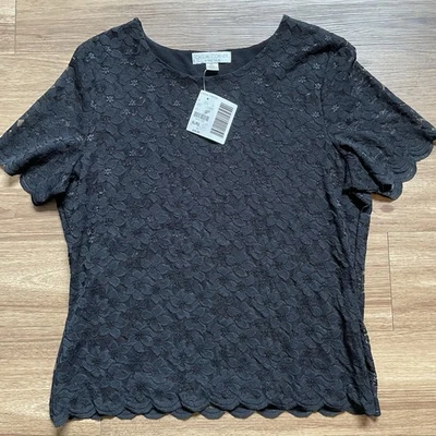 Camisa informal de encaje de manga corta negra elástica en esquina para mujer talla XL carrera Foto 1 de 4