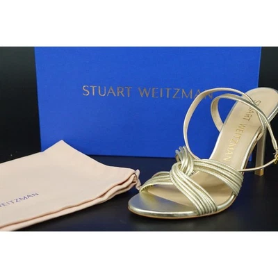 Sandalia Stuart Weitzman Twist Elegante Cuero Dorado Tacón Talla 9.5 Metálico Nuevo en Caja $525 Foto 1 de 4
