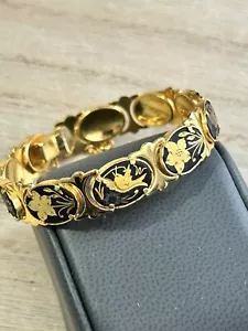 "Pulsera de mujer vintage damascena pájaro y flor oro/negro 2,5"" muñeca" - Imagen 1 de 6