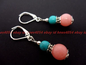 A PAIR PINK JADE & TURQUOISE BEAD SILVER LEVERBACK HOOK EARRINGS.8mm 10mm - Picture 1 of 12