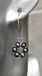 Sterling Silver Black Tahitian Pearl Drop Earrings. Pre-Loved.  Ref:xed%