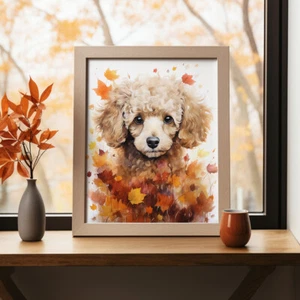 Poodle in Autumn Print, Modern Watercolour Dog Painting, Pet Portrait - Picture 1 of 9