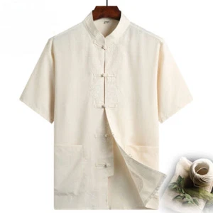 Men Ethnic Tang Suit Top Short Sleeve Frog Button Embroidered Floral Shirt Retro - Picture 1 of 12