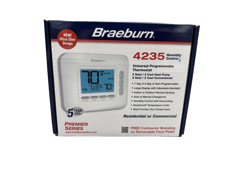 Braeburn 4235 3H/2C Programmable Thermostat with Dry Contact and Humidity Contro