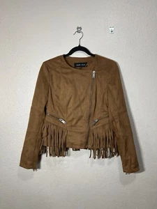 Black Rivet Stand Collar Faux Suede Fringe Women’s Jacket Brown Size Small - Picture 1 of 10
