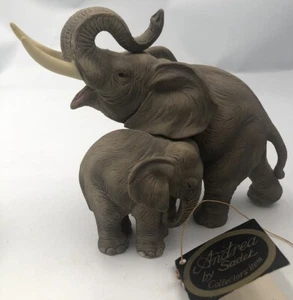 Vintage Ceramic Andrea by Sadek #7870 Trunk Up Mother w/ Calf Elephant Figurine - Picture 1 of 12