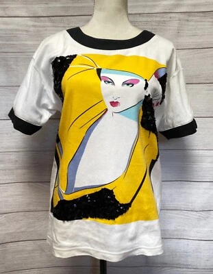 Top de lentejuelas con estampado gráfico Patrick Nagel vintage años 80 talla pequeña ribete en contraste Foto 1 de 4