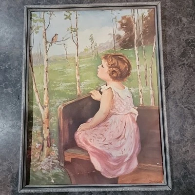 De Colección Canción de Primavera Pájaro Niña Observación Antiguo Enmarcado Impresión 16x12" Abuela Núcleo  Foto 1 de 4