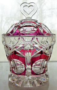 Unknown Glass Clear with Ruby Flashing Dot & Heart Design Covered Sugar Bowl - Picture 1 of 12