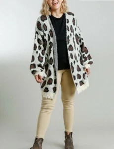 UMGEE Cardigan Sweater Open Front Animal Print Fuzzy Knit Cream Plus 1XL 2XL - Bild 1 von 4