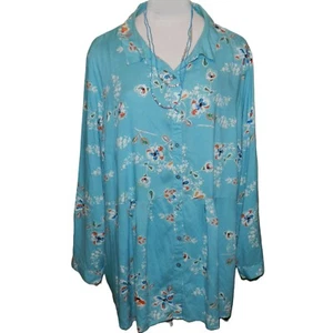 Woman Within 30W / 32W 3X buttoned aqua floral rayon top plus size women's - Picture 1 of 7