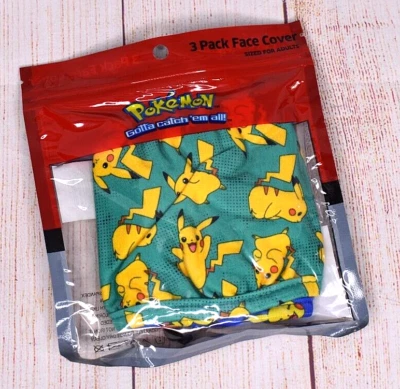 Pokémon Pack of 3 Face Cover Adult Size Reusable Face Masks Pikachu NEW SEALED - Image 1 of 4