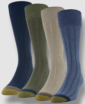 Gold Toe Men's 4 Pair Pack Blue Green Dress Knit Cotton Flat Socks Shoe 6-12 - Image 1 of 2