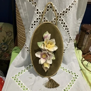 Floral Vintage Porcelain Italy Capodimonte Green Velvet Wall Hanging - Picture 1 of 9