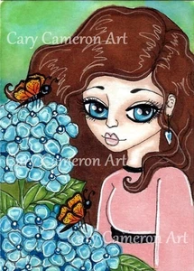 ACEO Original Painting Big Eye Flower Butterfly Fantasy Outsider art - C Cameron - Picture 1 of 1