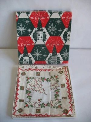 Vintage Christmas Hankie Handkerchief Tree with candles holly berries RICH'S box - Image 1 of 4