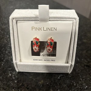 Pendientes Aro Floral Lino Rosa Cloisonné Tono Dorado Rojo Esmalte Margarita Huggie Nuevos - Imagen 1 de 5