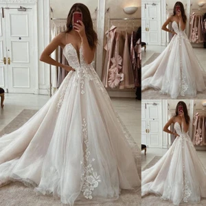 Beach Wedding Dresses Spaghetti Straps ALine V-Neck Lace Sweep Train Bridal Gown - Picture 1 of 10