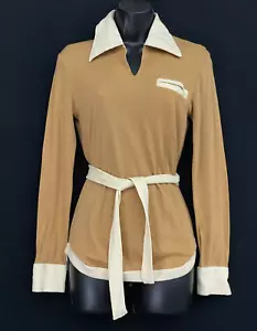 Vintage 1970s brown white belted top, collar cuffs knit cotton shirt blouse NWT - Picture 1 of 5