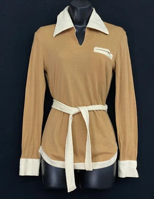 Blusa Camisa Algodón Tejido Top Vintage Años 70 Marrón Blanco Cinturón, Cuello Puños Nuevo con Etiquetas Foto 1 de 4