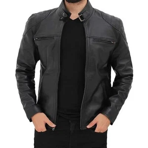 Chaqueta de cuero negra para hombre - Chaqueta de cuero negra de piel de cordero real para hombre | Calce ajustado - Imagen 1 de 4