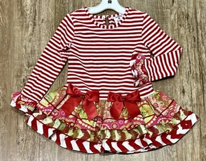 Counting Daisies Girls Sz 5 Christmas Dress Red Stripes Red Bows 4 Tier Skirt - Picture 1 of 2
