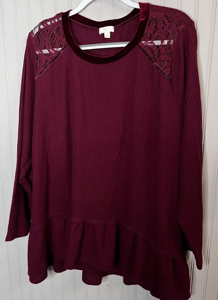 Charming Charlie Women SWEATER 3X Burgandy Waffle Weave Knit Lace Velvet Ruffle - Image 1 of 4