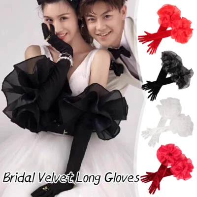 Velvet Long Gloves Oversize Organza Ruffles Wedding Bridal Etiquette Gloves 55CM - Image 1 of 4