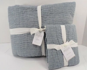 Pottery Barn Belgian Flax Linen Hand Stitched Quilt Queen w/1 Sham Chambray 8574 - Picture 1 of 7