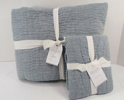 Pottery Barn Belgian Flax Linen Hand Stitched Quilt Queen w/1 Sham Chambray 8574 - Image 1 of 4
